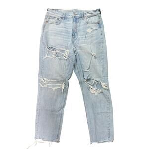 American Eagle Distressed High Rise Mom Jeans Light Wash Casual Festival Sz 10
